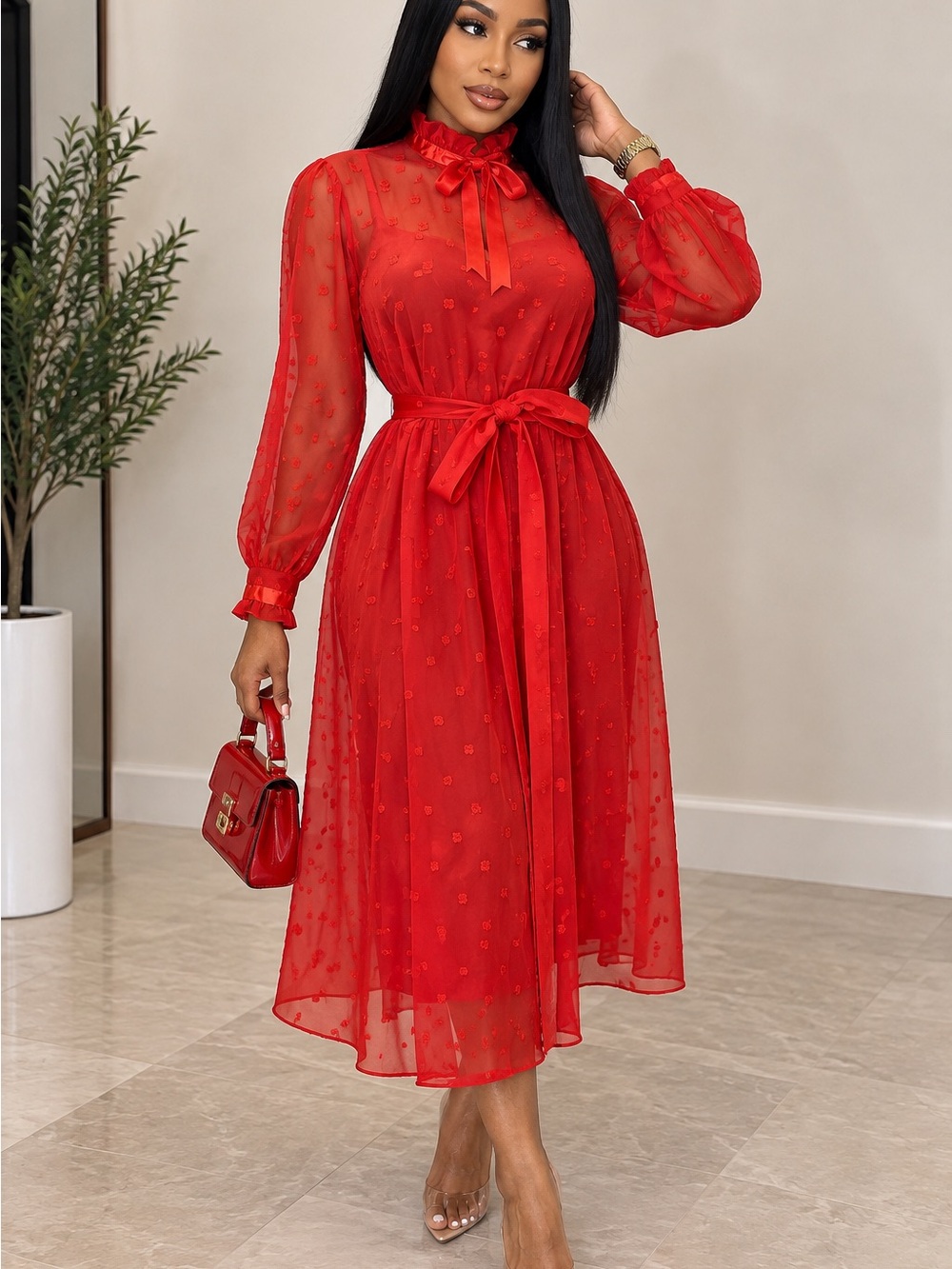 Neiman Marcus Sheer Transparent Red Tie-Neck Sheer Midi Dress